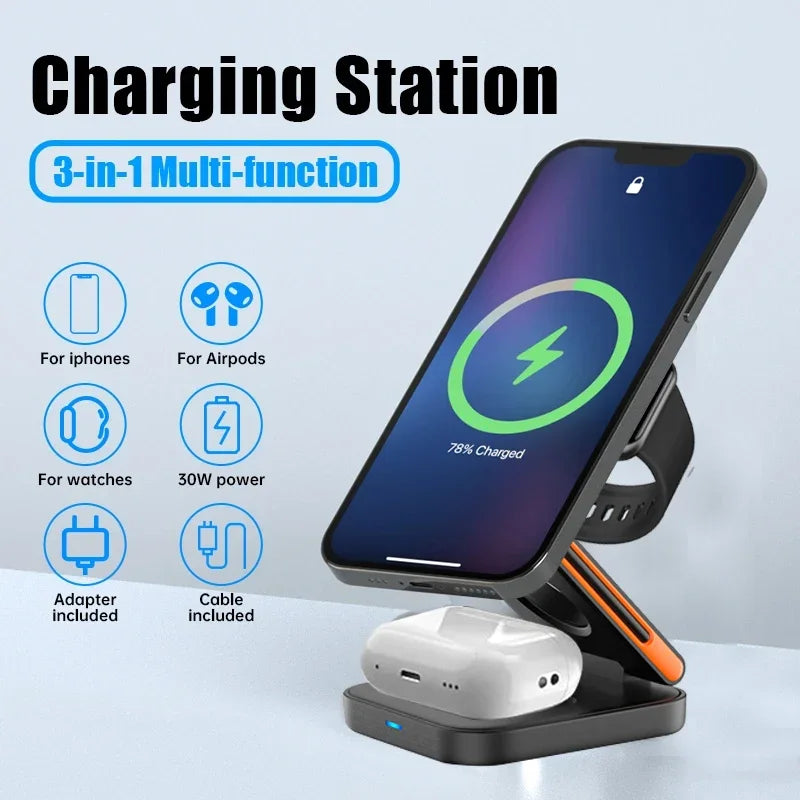 Foldable Fast Magnetic Wireless Charger Station 30W 3 in 1