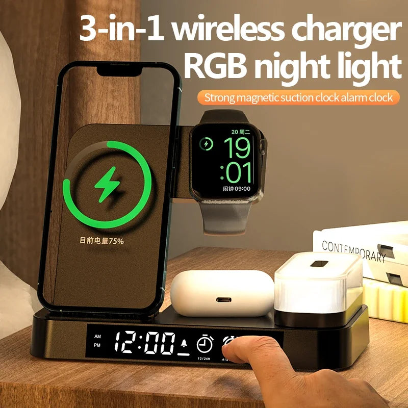 30W 3 In 1 Wireless Charger Stand Pad Alarm Clock